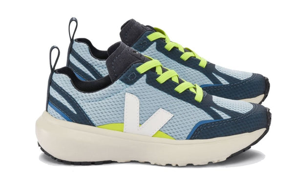 A pair of blue and gray Veja sneakers with neon green laces and a large white "V" logo on the sides, featuring Alveomesh fabric for enhanced breathability.