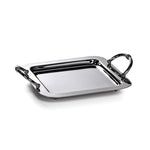 The Manetta Polished Nickel Tray Collection by Zodax features a rectangular tray with two curved handles and small feet, adding elegance and style to any setting. Shown on a white background.