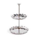 The Scalloped Two-Tier Tray Collection by Zodax features polished nickel trays with scalloped edges and a central support pole.