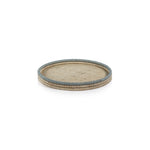 The La Côte Coiled Round Tray Collection by Zodax features a round rattan serving tray in beige and blue tones, ideal for coastal décor, shown on a white background.
