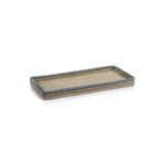 The Zodax La Côte Coiled Rectangular Tray Collection features flat wooden trays with raised edges and blue-gray trim, beautifully displayed against a white background.