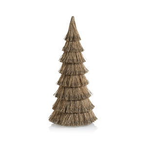 The Zodax Abaca Rope Tree Collection features decorative pine tree figurines crafted from layered, textured natural fibers—perfect for Christmas or holiday décor. Set against a plain white background.