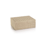 The La Bocca Woven Raffia Box Collection by Zodax features a rectangular beige jewelry box with a subtle woven texture, offering artisanal charm and elegant storage, reminiscent of classic design.