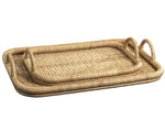 The Zodax Tropique Rectangular Rattan Tray Collection features two nesting trays with handles, displayed together on a white background.