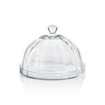 The Zodax Loulou Optic Pastry Glass Plate with Cloche features a clear dome with a round handle atop a matching plate, ideal for elegant pastry displays, shown against a white background.