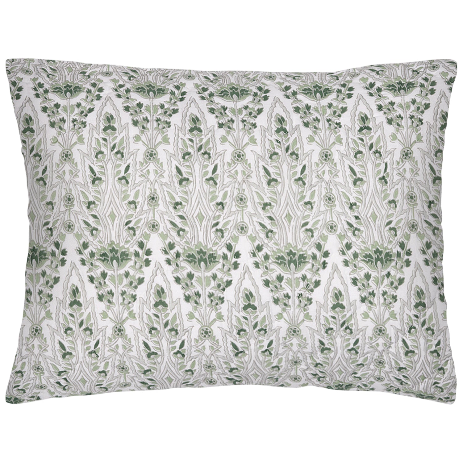 The John Robshaw Lina Sage Bedding Collection pillow features a symmetrical green and white floral pattern on a rectangular cover, crafted from soft cotton voile.
