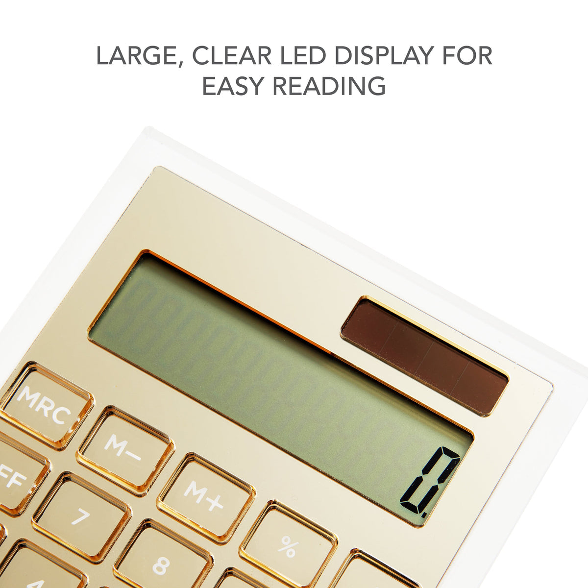 Close-up of Russell & Hazel's Acrylic Gold Calculator featuring clear acrylic buttons, a solar panel, and a large LED display showing zero. Text above: "LARGE, CLEAR LED DISPLAY FOR EASY READING." Ideal for daily portable use.