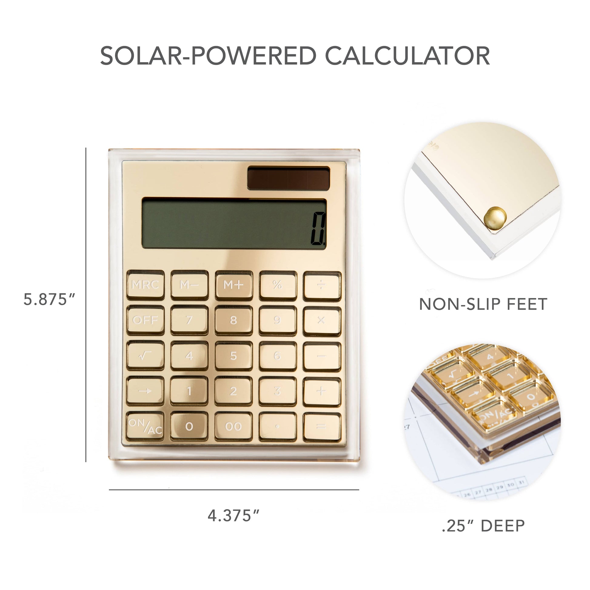 The Russell & Hazel Acrylic Gold Calculator features 20 buttons, non-slip feet, and a sleek design, measuring 5.875" x 4.375" x 0.25"—a portable and stylish desk accessory for home or office use.