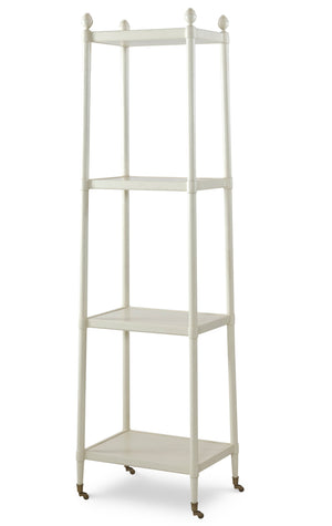 The Niles Etagere by Century Furniture is a tall, white three-tiered shelf unit with four legs and small casters, adding exotic elegance to any space.