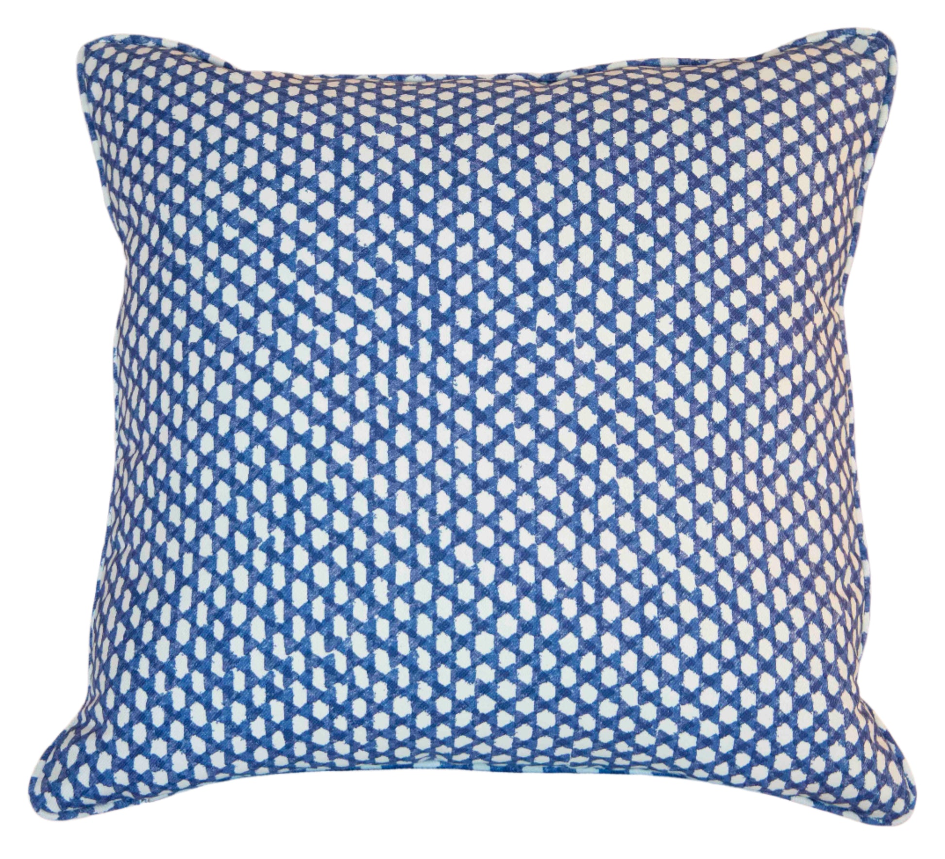 The Associated Design Royal Blue Wicker Outdoor Pillow features a blue and white geometric diamond pattern in performance fabric, offering lasting style for outdoor spaces.