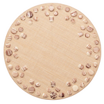 The Kim Seybert Cabochon Natural & Brown Placemat is a round beige mat with two concentric circles at the edge, adorned with brown and white seashells in cabochon-inspired placements for an elegant touch.