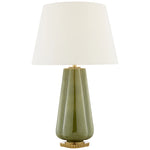 The Penelope Table Lamp Collection by Visual Comfort showcases a glossy olive-green ceramic base with gold accents and a white tapered shade, delivering modern style and soft ambient light to any space.