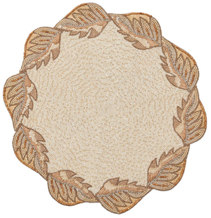 The Kim Seybert Winding Vines Placemat features a round shape, beige and gold tones, scalloped edge, and delicate leaf bead pattern around the border.