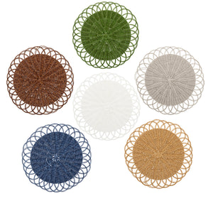 Six round Kim Seybert Alfresco Placemats, handwoven in faux rattan with scalloped edges, are shown in brown, green, gray, white, blue, and tan on a white background.