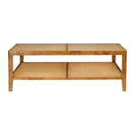 The Amara Coffee Table by Made Goods features a rectangular shape, caned panel top and lower shelf, natural poplar burl wood finish, and simple straight legs.