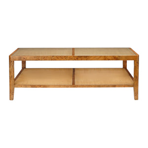 The Amara Coffee Table by Made Goods features a rectangular shape, caned panel top and lower shelf, natural poplar burl wood finish, and simple straight legs.