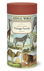 The Cavallini Papers and Co Animal World 1,000 Piece Puzzle comes in a cylindrical container featuring vintage animal illustrations and includes a handsewn muslin storage bag.