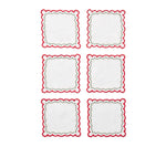 The Kim Seybert Arches Cocktail Napkin Set includes six white square napkins with red and green embroidered geometric edges, arranged in two columns of three—ideal for adding a festive touch to your holiday party.