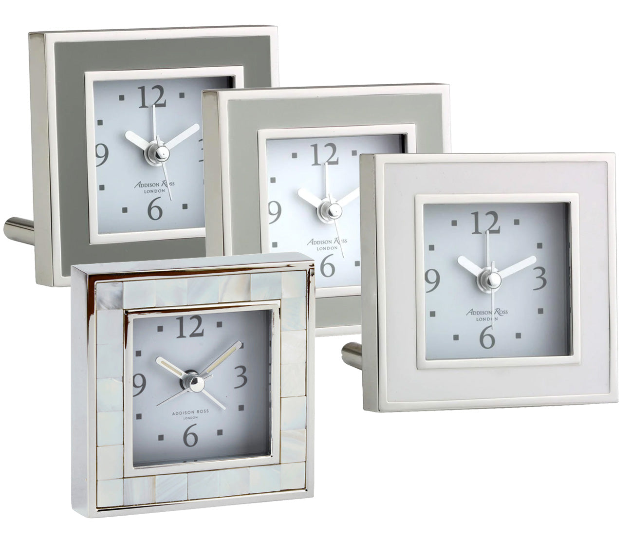 The Addison Ross Silver Square Alarm Clock Collection by Addison Ross features five square desk clocks with gray dials and diverse frame designs, such as glossy, metallic, and matte finishes.