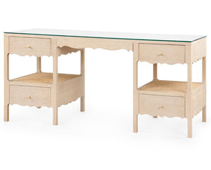 The Arianna Desk by Villa & House features light cerused oak, a glass top, four drawers, two open shelves, and woven rattan surfaces on each side.