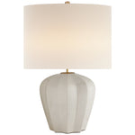The Pierrepont Table Lamp in Bone Craquelure by Visual Comfort features a white ceramic fluted base and a large cylindrical linen shade, displayed against a plain background.