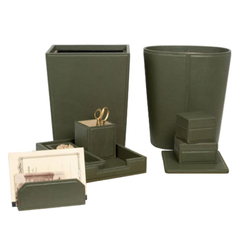 The Asby Desk Accessory Collection by Pigeon & Poodle features green full-grain leather items—waste bin, letter holder, trays, boxes, and pencil holder—elegantly displayed on a white background.