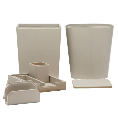 The Asby Desk Accessory Collection by Pigeon & Poodle features full-grain leather beige organizers—a waste bin, square container, rectangular tray, and two letter holders—elegantly arranged for a refined desktop.