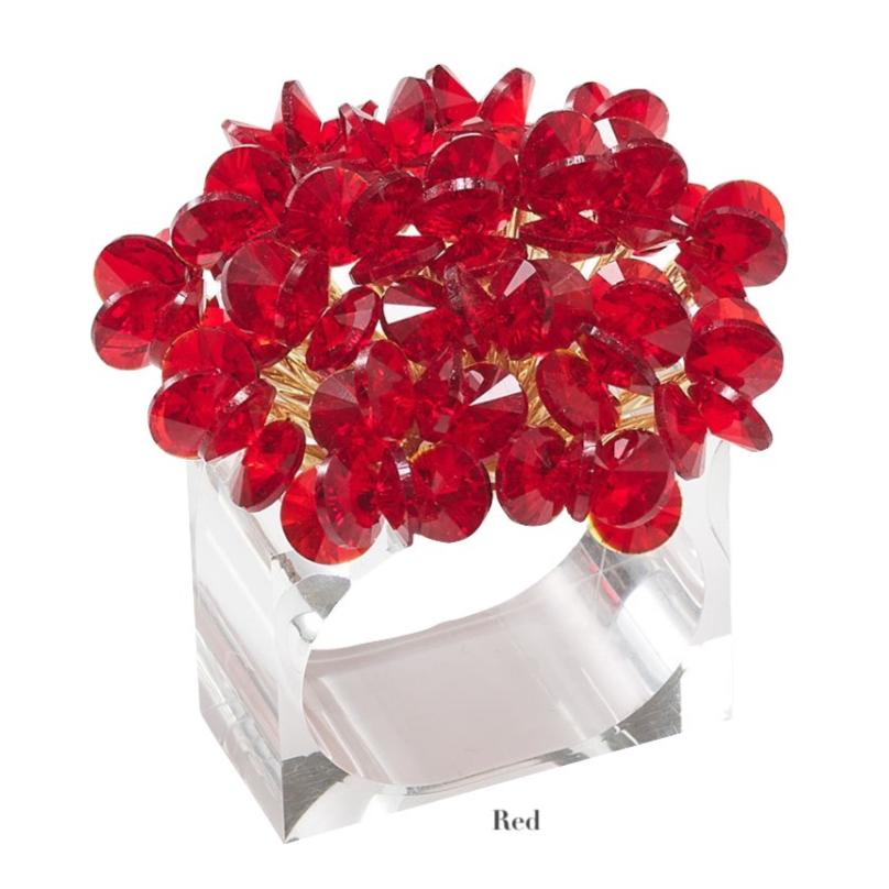 The Aster Napkin Ring by Kim Seybert features a clear square base topped with clustered, faceted red glass beads in a floral pattern—an elegant accent for your table decor.