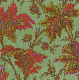 The Caspari Paisley Leaves Sage Green Collection features a vibrant paisley pattern with large red, purple, and yellow leaves plus small floral accents on a light green background—ideal for stylish party supplies or paper products.