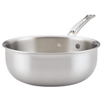 The Hestan Thomas Keller Commercial Clad Stainless Steel Saucier, 2qt, features a rounded base and ergonomic handle, displayed against a plain white background.