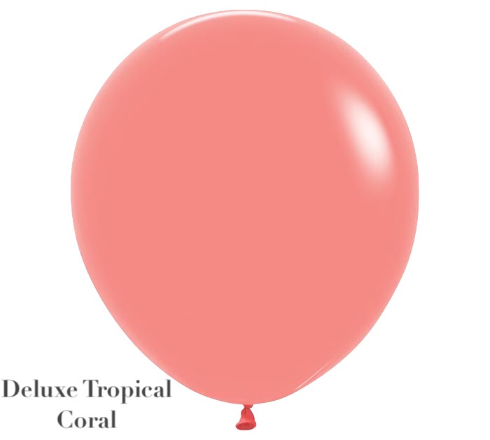 A single inflated Solid Balloon from Burton+Burton in a stunning coral color, featuring "Deluxe Tropical Coral" text in the bottom-left corner, perfect for enhancing live floral arrangements or adding a touch of elegance to your balloon bouquet.