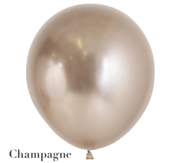 A single gold-colored Burton+Burton Solid Balloon floats against a white background, reminiscent of an elegant balloon bouquet. The caption beneath reads, "Champagne.