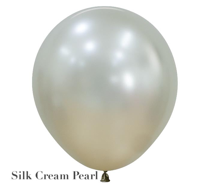 An inflated Solid Balloon from Burton+Burton, in a silk cream pearl color with a slight iridescent sheen, set against a white background. The text "Silk Cream Pearl" is displayed in the bottom left corner. Ideal for pairing with live floral arrangements or adding to a balloon bouquet for local delivery.