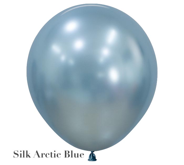 A shiny, light blue Solid Balloon from Burton+Burton with a metallic finish is seen against a white background. The text "Silk Arctic Blue" appears in the bottom left corner, perfect for enhancing any balloon bouquet.