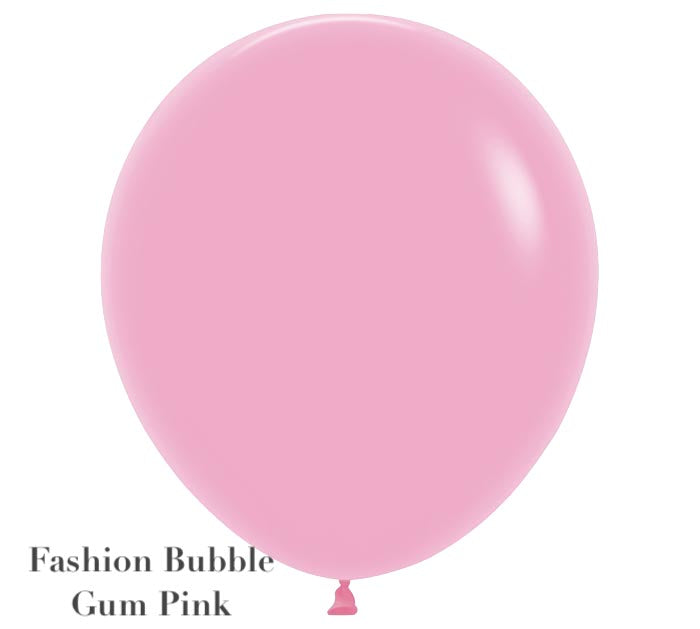A single inflated pink balloon from Burton+Burton, named "Solid Balloon," with text reading "Fashion Bubble Gum Pink" in the bottom left corner, perfect for pairing with live floral arrangements and available for local delivery.