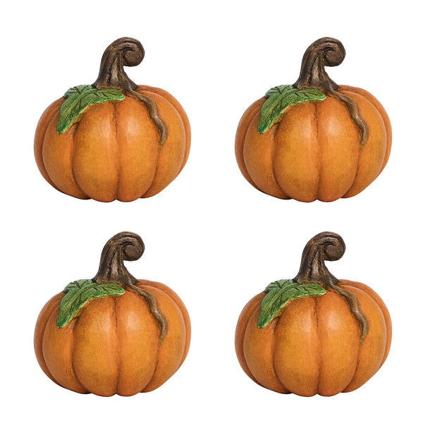 Four identical orange pumpkins with green leaves and brown stems, arranged in a 2x2 grid—perfect as festive decor or place card holders for your autumn table setting. Forest Walk Tabletop Collection by Juliska.