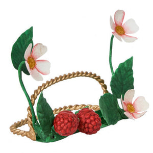 The Meadow Walk Raspberries Place Card Holder Set by Juliska features hand-painted metal with a gold handle, two red raspberries, green leaves, and three white flowers—an elegant touch for your table setting.
