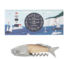 The Finest Catch 3 in 1 Bottle Opener by Two's Company, crafted from metal and wood in a fish shape, is shown below a nautical gift box—an ideal fishing gift.