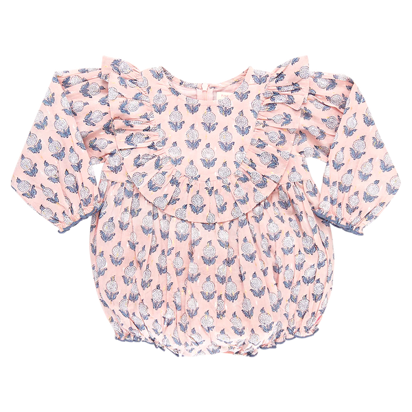 A Pink Chicken baby girl's pink romper with a blue and grey print, inspired by boho chic style.