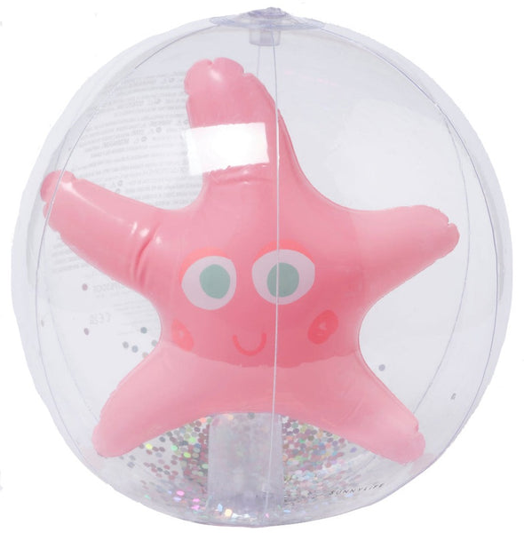 Inflatable Sunnylife 3D pink starfish toy enclosed in a Sunnylife beach ball with glitter.
