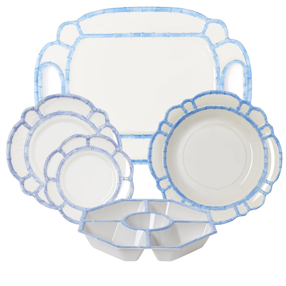 The Melamine Bamboo Dinnerware Collection by Two's Company features white melamine serving dishes with blue-edged rims, including a large tray, round plates, bowls, and a divided platter—all shatter-resistant.