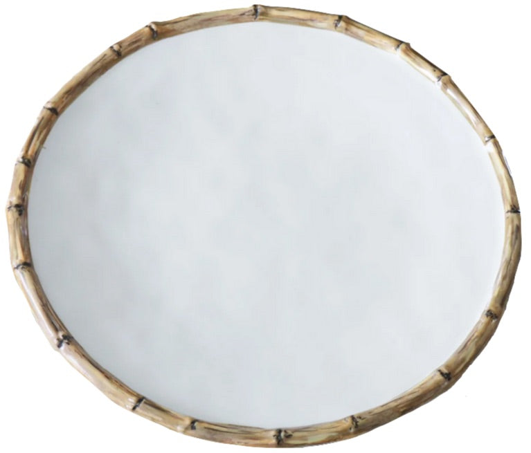 Round mirror with a bamboo-style frame on a white background, inspired by the elegant Beatriz Ball Vida Natural Bamboo Dinnerware Collection. Enjoy break-resistant beauty that brings luxurious melamine charm to any space.