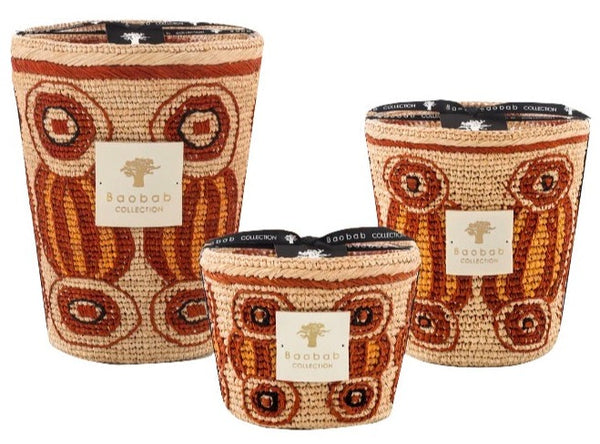 Three Baobab Collection Doany Alasora scented candle jars in varying sizes on a white background.