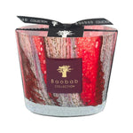 The Baobab Collection Woods Risoud Candle by Baobab features a red and white marbled glass design with a black ribbon and gold logo, adding artisan elegance to any space.