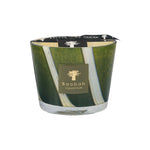 The Baobab Woods Sherwood Candle by Baobab comes in a glass container with a green and white abstract design, a branded front label, and evokes the lush spirit of the English countryside and Sherwood Forest.