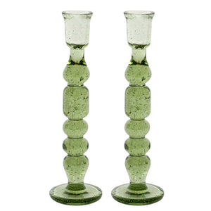 The Provence Candlestick Set by Juliska features two mouth-blown glass candlesticks with vibrant colors, a textured bubbly surface, and rounded stacked shapes, displayed upright side by side.