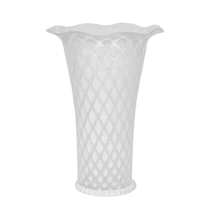 The Juliska Trellis Flared Vase Collection features translucent white vases with diamond-patterned texture and flared, ruffled rims—ideal for displaying garden flowers or elegant floral arrangements.