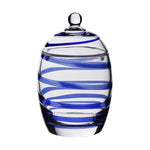 From the Bella Candy Jar Collection by William Yeoward Crystal, this handmade jar features elegant spiral blue stripes and a round knob lid, beautifully showcased against a white background.