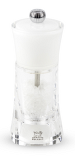 The Peugeot Saveurs Molene Acrylic/White Salt and Pepper Mill features crystal-clear acrylic, a matte gold button, and the Peugeot logo at the base. It's filled with coarse salt for style and function.