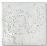 The Outdoor Carved Tropical Garden Panel II by Bunny Williams is an embossed white exterior plaster mural featuring plants, trees, and a turtle in a sunlit landscape with clouds and subtle Art Deco style.